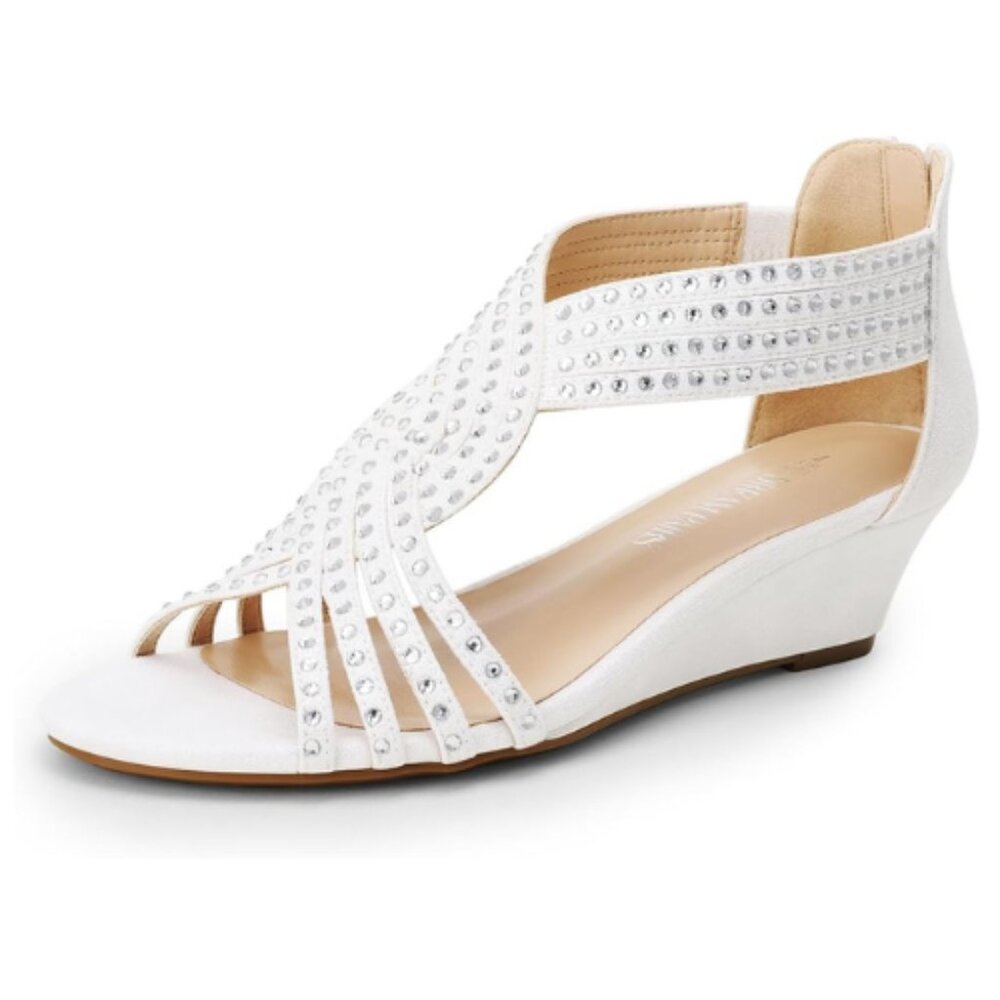 DREAM PAIRS Women's Open Toe Wedges Sandals Sparkly Rhinestone Zipper White 7M